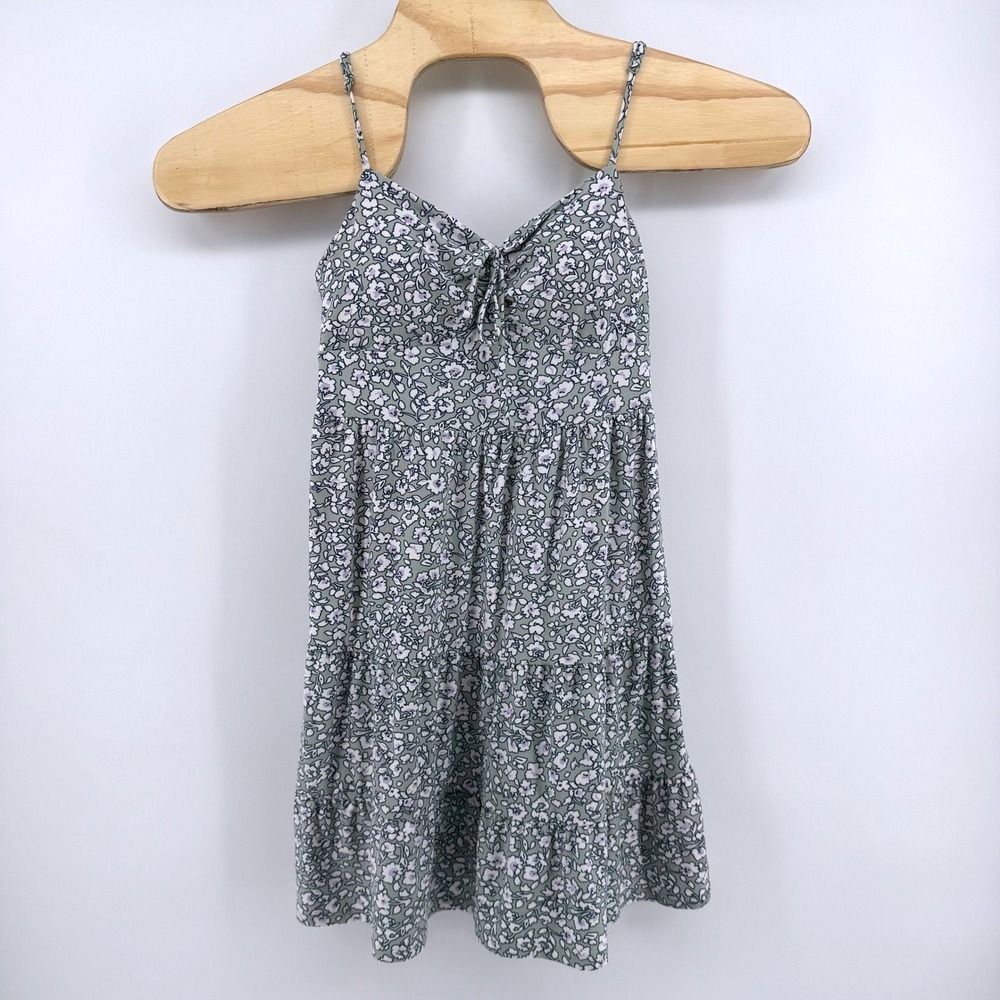 No Boundaries Mini Dress Women Medium Sage Green Floral Tiered Smocked Tie Front
